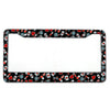Black and red patterned aluminum license plate frame with various icons for a car tag holder