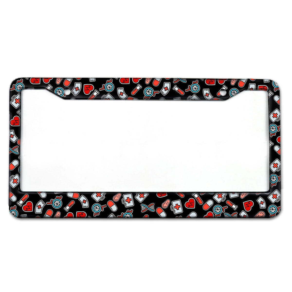 Black and red patterned aluminum license plate frame with various icons for a car tag holder