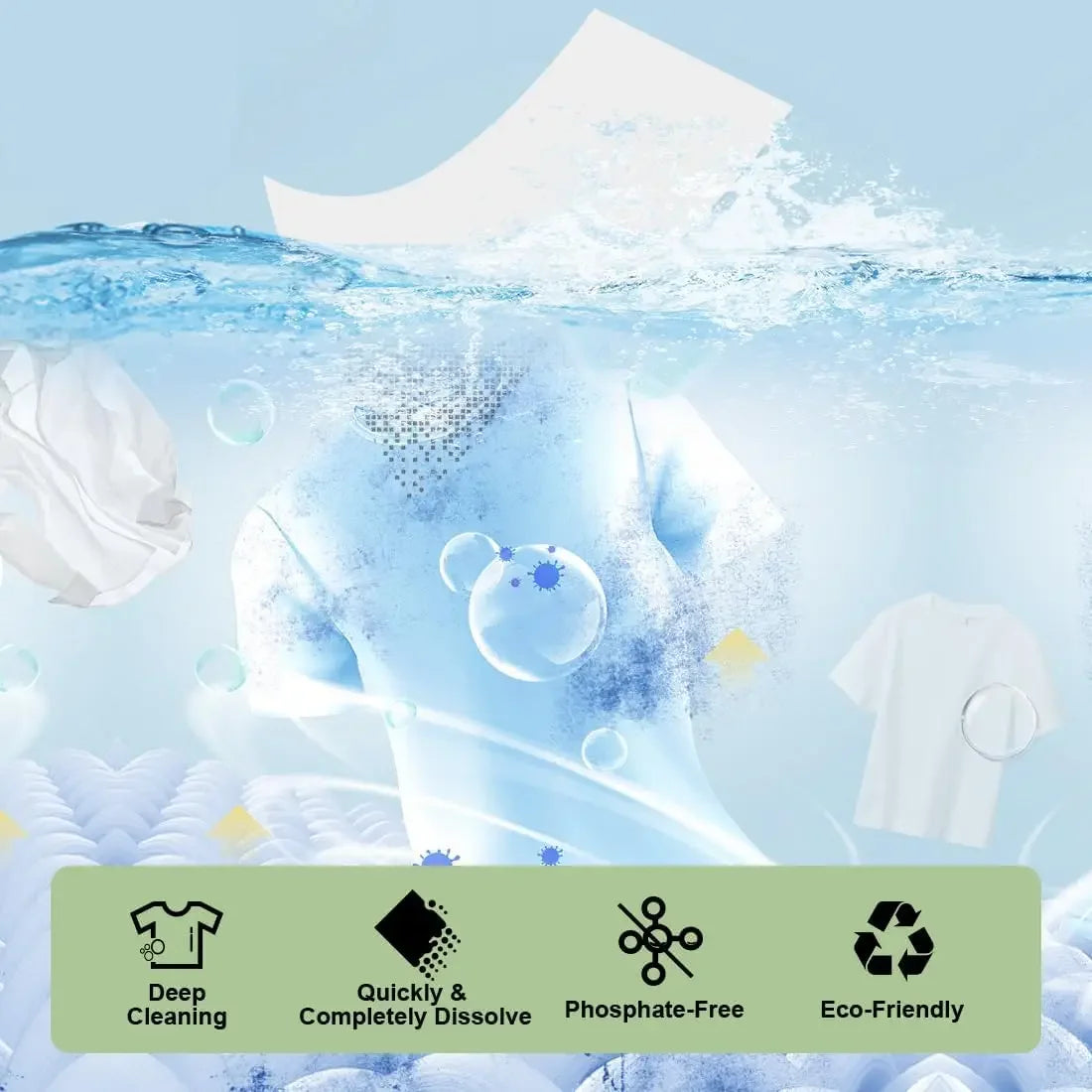 A white fabric is shown being cleaned with a blue liquid in water, demonstrating deep cleaning and eco-friendly properties.