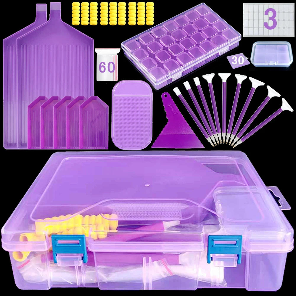 A complete diamond painting organizer kit featuring various storage components and a clear plastic case.