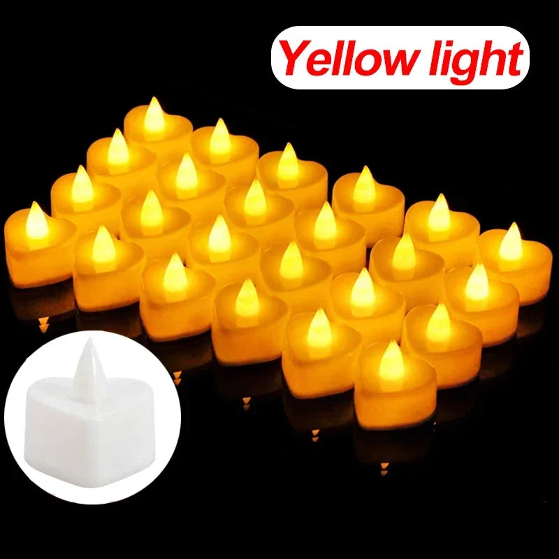 A collection of yellow light heart-shaped flameless LED candles glowing on a black surface.