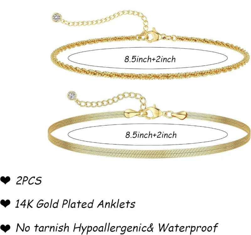 Layered Herringbone Anklet Set