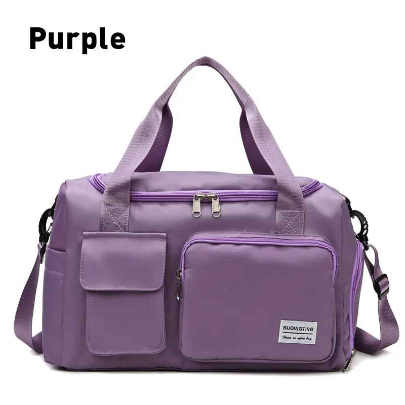Purple waterproof travel duffle bag with separate shoe compartment and storage pockets