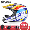 A yellow and blue Uchoose full-face off-road helmet shown with accessories like glasses, gloves, and a face mask.
