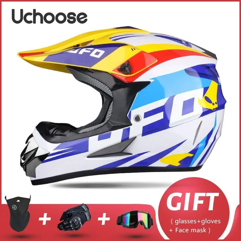 A yellow and blue Uchoose full-face off-road helmet shown with accessories like glasses, gloves, and a face mask.