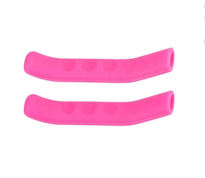 A pair of pink silicone bicycle brake lever covers.