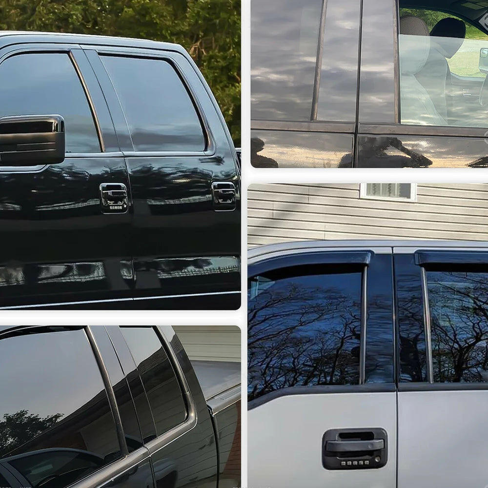 Close-up views of glossy black pillar post trim sets for Ford F-150 trucks.
