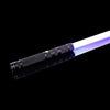 An RGB metal lightsaber with a glowing purple blade and black grip against a dark background.