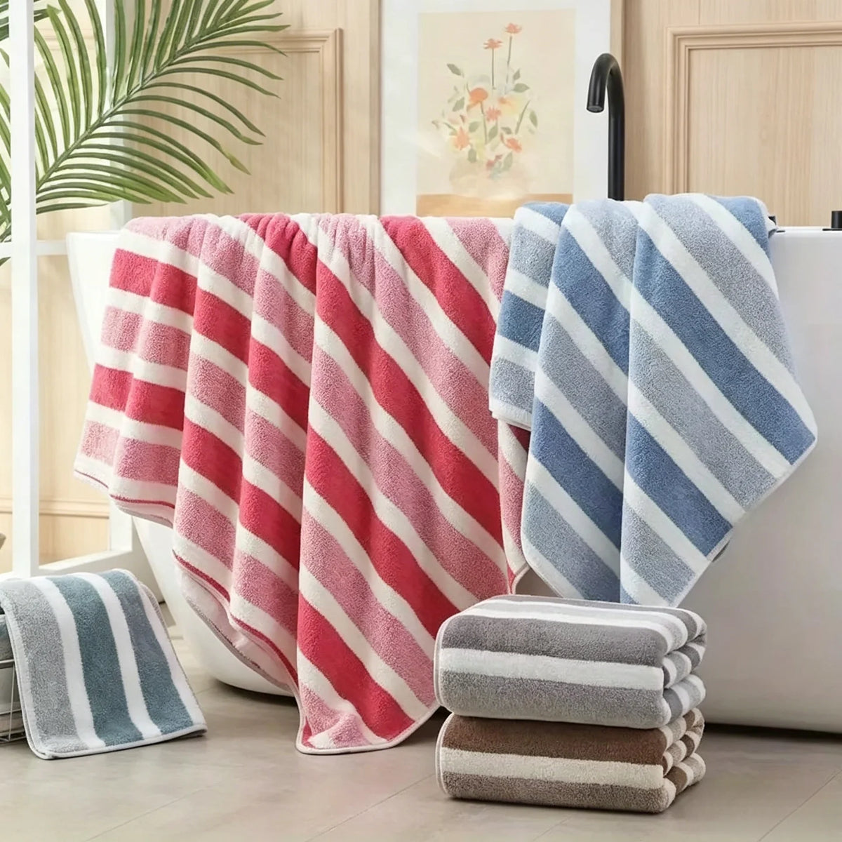 8-Piece Ultra-Soft Microfiber Towel Set with Two-Tone Stripe Design