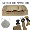 A beige heavy-duty tool apron with 10 pockets and 2 hammer rings shown alongside waterproof features.
