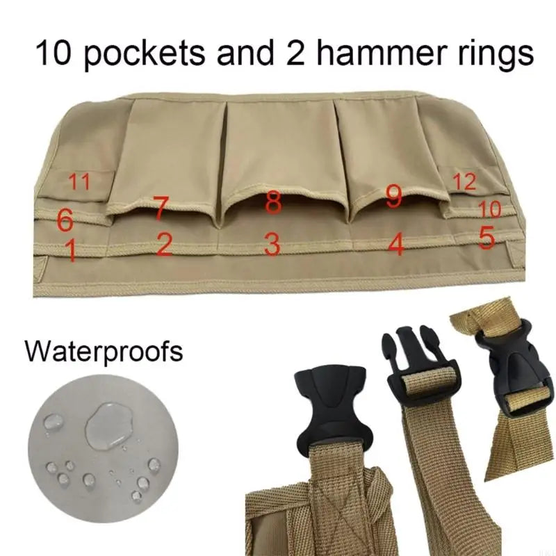 A beige heavy-duty tool apron with 10 pockets and 2 hammer rings shown alongside waterproof features.
