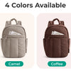 Four color options of a versatile 15.6-inch laptop backpack available in black, camel, coffee, and pink.