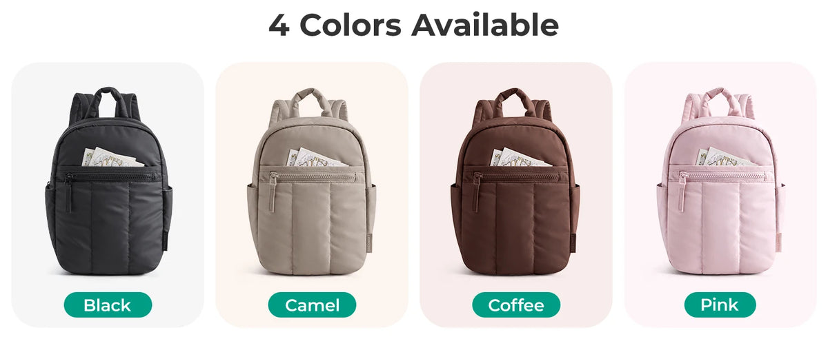 Four color options of a versatile 15.6-inch laptop backpack available in black, camel, coffee, and pink.
