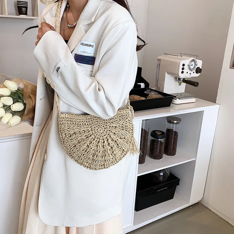Handwoven Straw Semicircle Crossbody Bag with Tassel