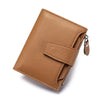 A brown genuine leather RFID blocking bifold wallet shown in a diagonal angle.