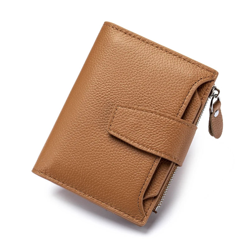 A brown genuine leather RFID blocking bifold wallet shown in a diagonal angle.
