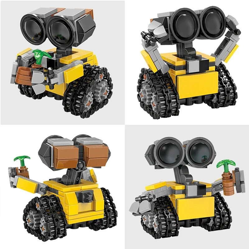 Robot de juguete amarillo y negro hecho de bloques de construcción con grandes orugas y lentes de cámara.
