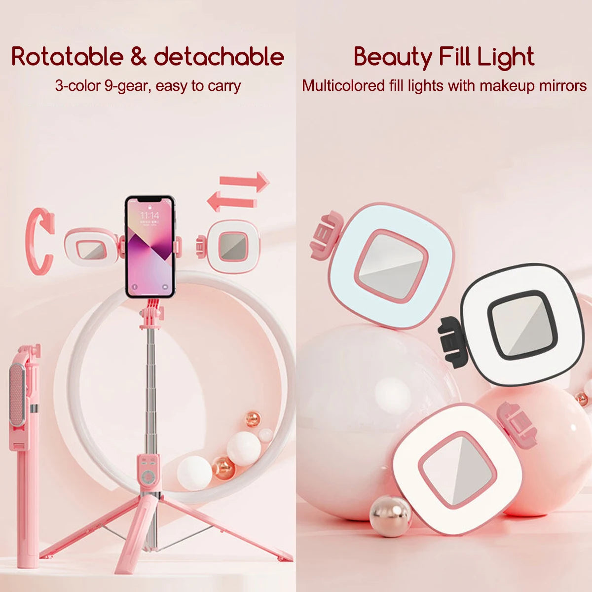 Rosa rotierender Selfie-Stick mit Smartphone neben farbigen Lichtleisten und Make-up-Spiegel