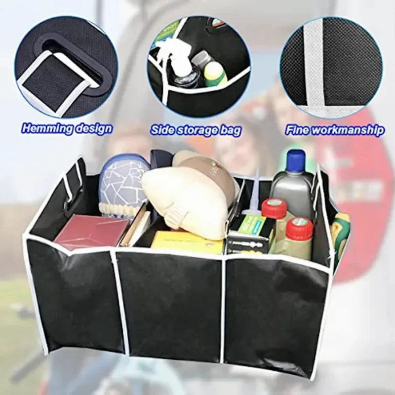 Black foldable car trunk organizer with three compartments showing a hemming design, side storage bag, and fine workmanship.