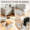 A set of wood grain waterproof mats is shown in various contexts including a kitchen, table, and pet feeding area.