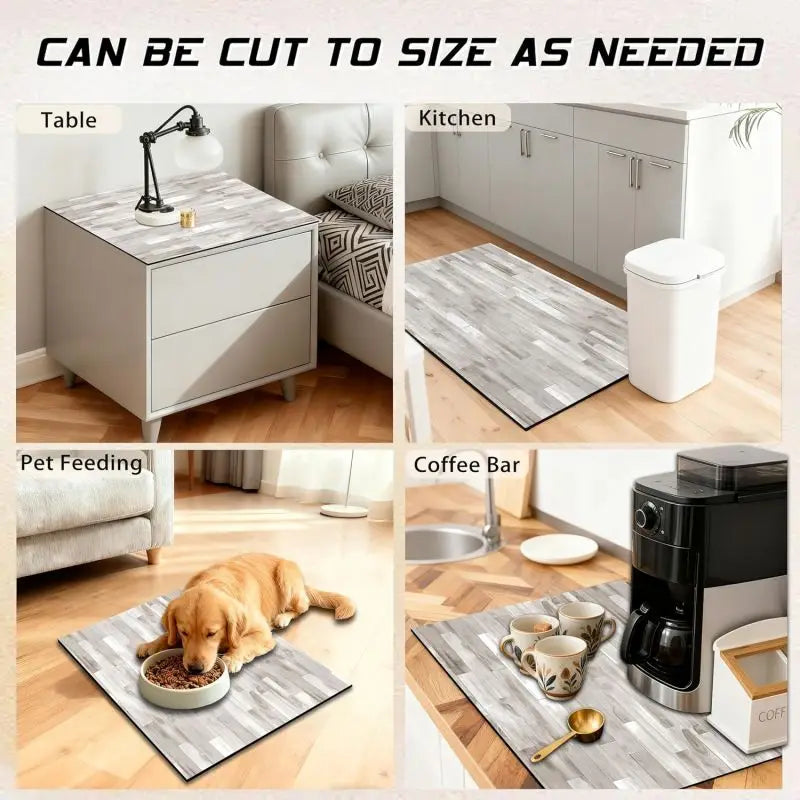 A set of wood grain waterproof mats is shown in various contexts including a kitchen, table, and pet feeding area.