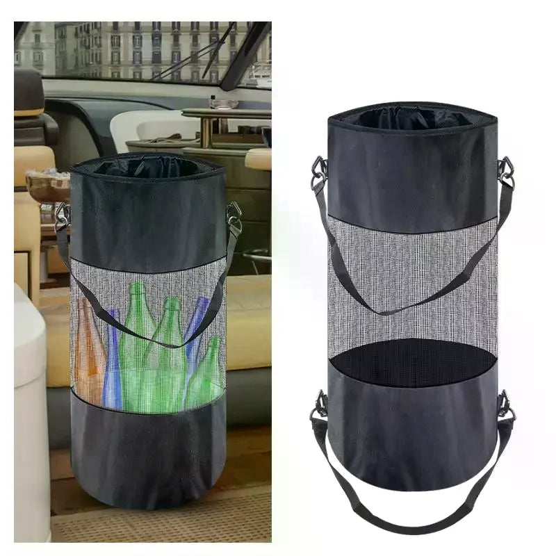 A black mesh trash bag with a drawstring closure and carabiner clip hanging from a strap.