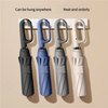 Three fully automatic windproof folding umbrellas in gray, blue, and white hanging on a wall.