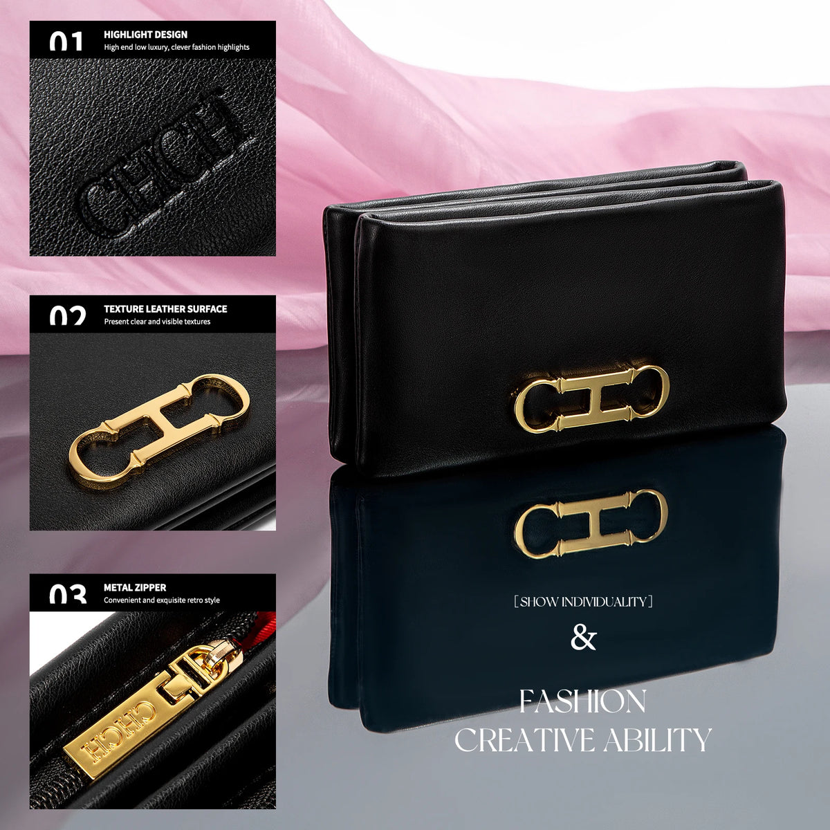 Black leather compact zipper wallet shown with gold hardware and a navy blue clutch.