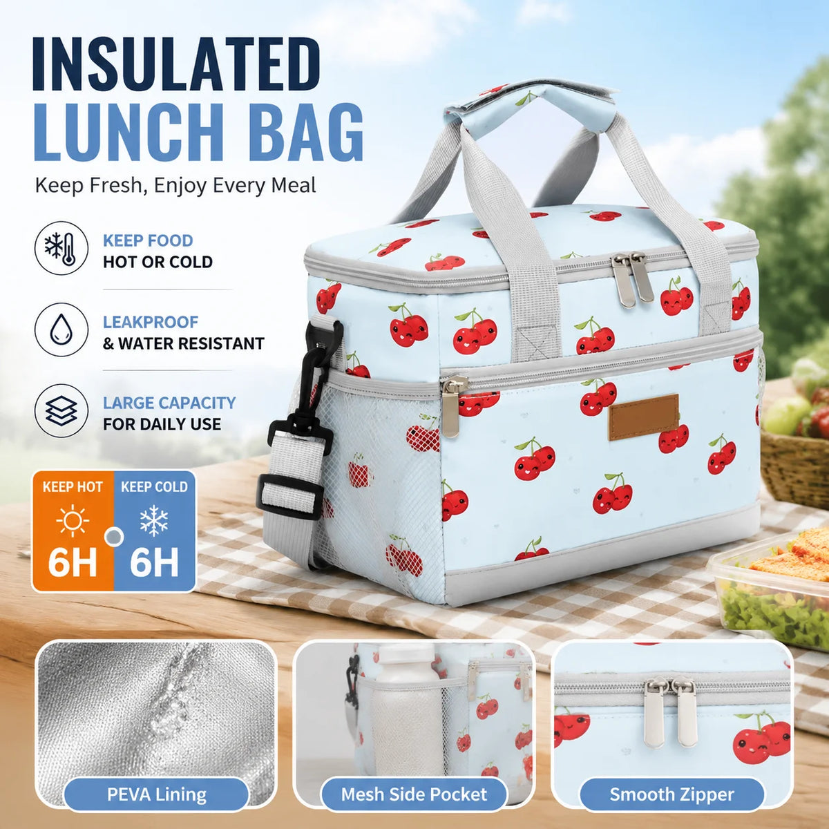 Insulated lunch bag with red fruit pattern showing features like PEVA lining, mesh pocket, and smooth zipper.