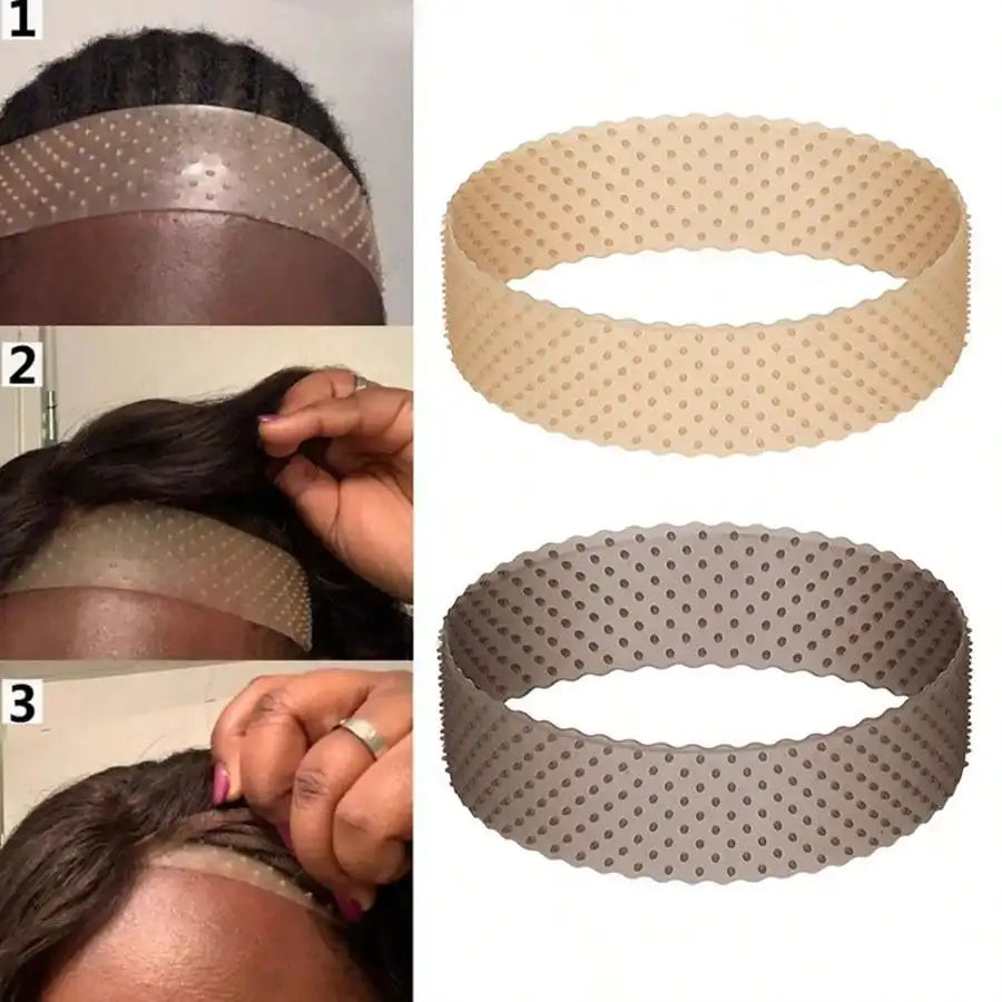 Three views of a silicone wig grip headband in brown and gray colors.
