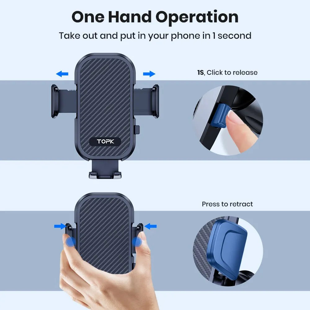 A hand is shown using a one-hand operation to take out and put in a black phone mount with a textured surface.
