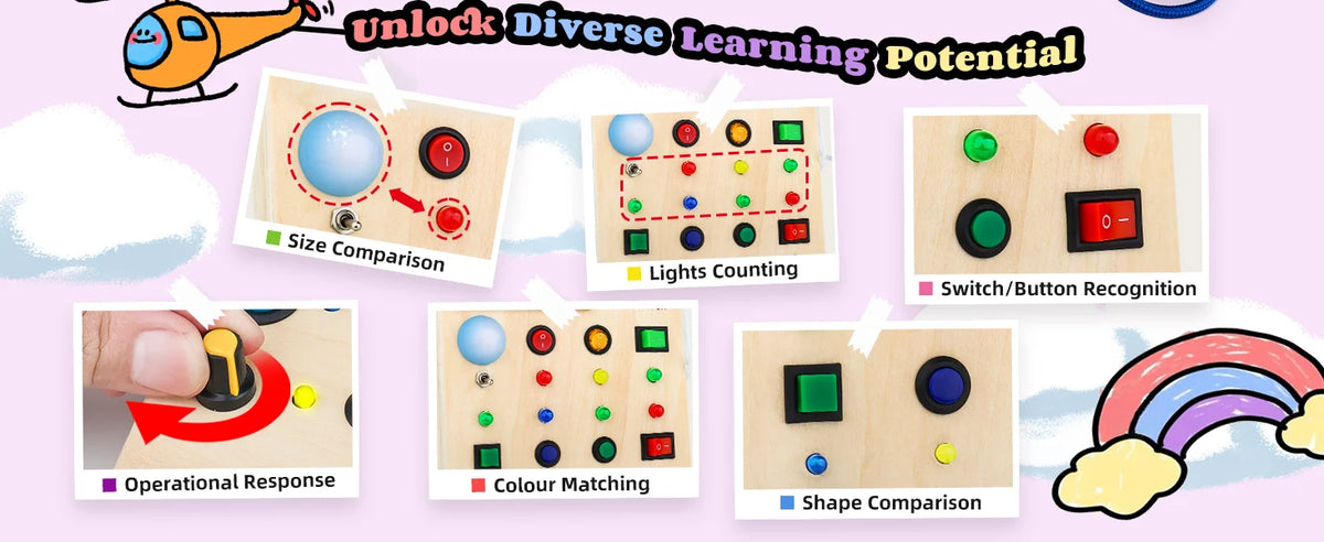 Montessori Wooden Busy Board with LED Switch Controls