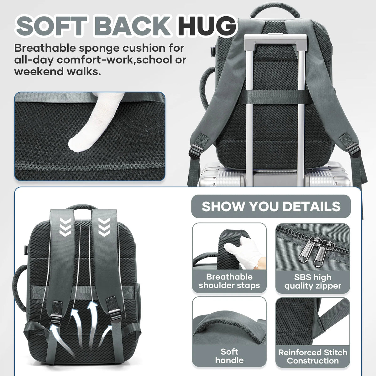 Gray soft back hug backpack with breathable sponge cushion and reinforced stitching details