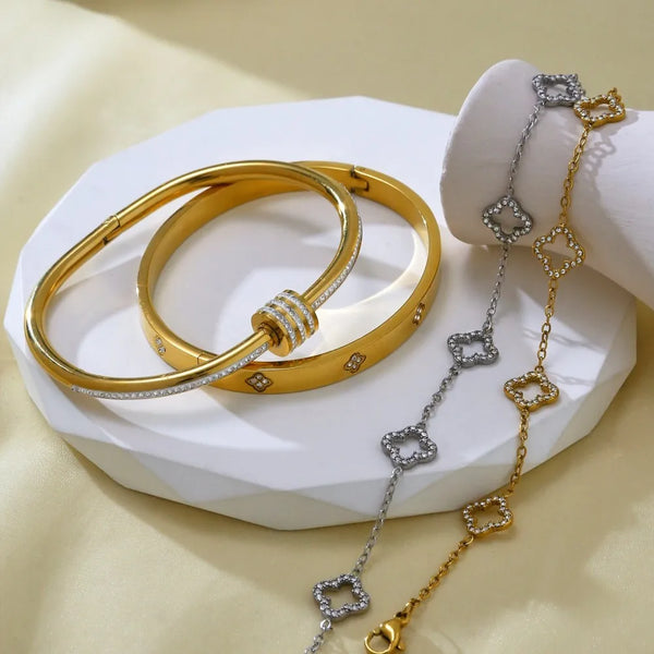 Pulsera de Cuatro Hojas de Trébol en Acero Inoxidable con Circonia Cúbica
