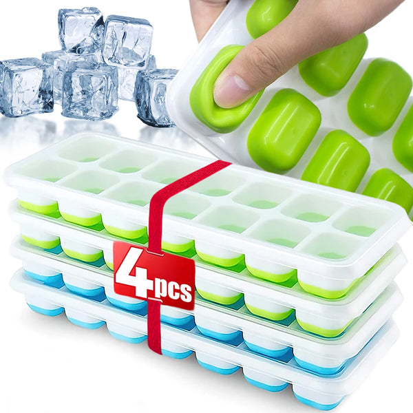 A silicone ice cube tray with a lid is shown, filled with green ice cubes and stacked trays.