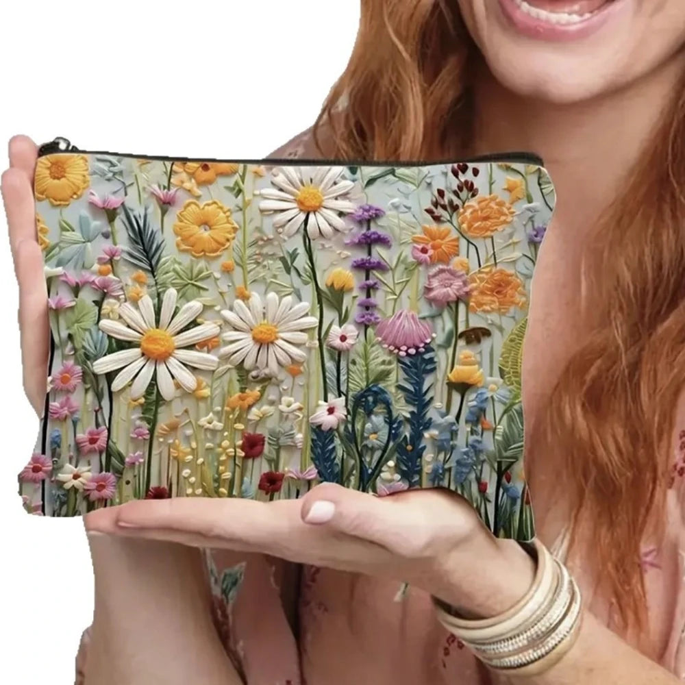 Floral Print Canvas Makeup Bag with Double-Sided Design