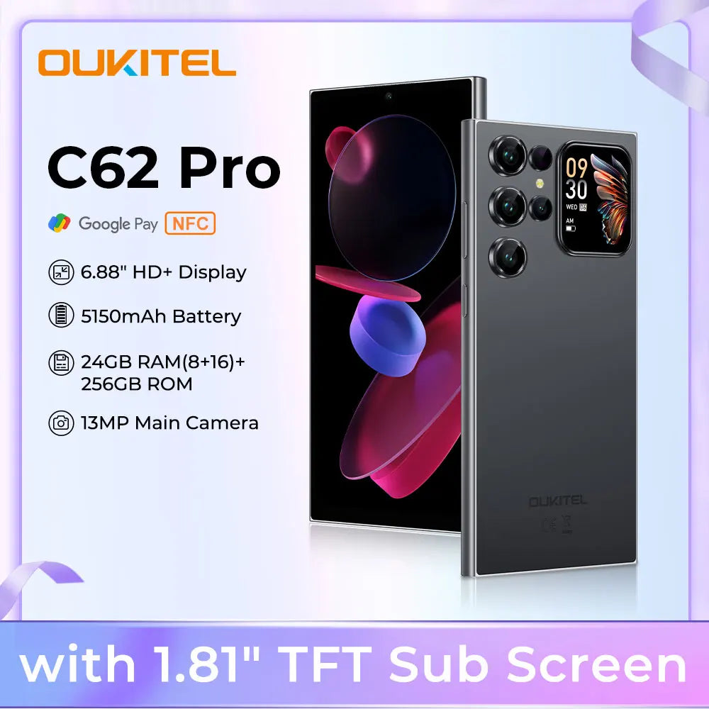 Teléfono inteligente OUKITEL C62 Pro negro mostrando sus características y una pantalla TFT de 1.81 pulgadas.