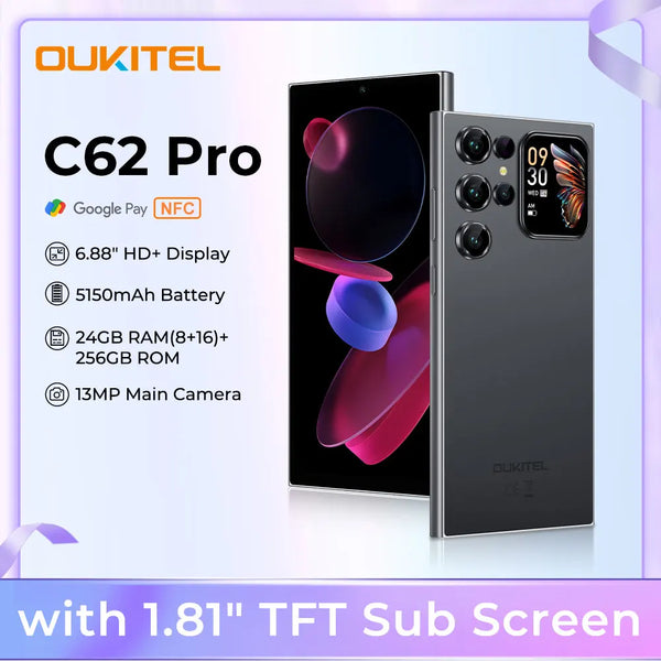 Schwarzes OUKITEL C62 Pro Smartphone, das seine Funktionen und einen 1,81-Zoll-TFT-Bildschirm zeigt.