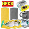 Six yellow and gray laundry bags filled with shoes for washing machine use