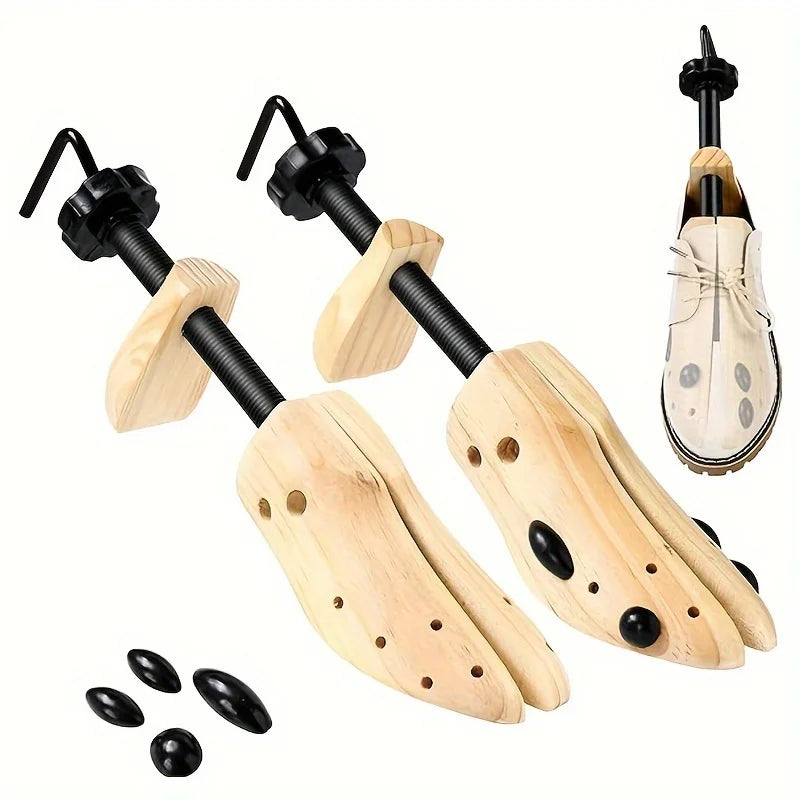Adjustable wooden shoe stretcher with leather straps shown next to a pair of shoes.