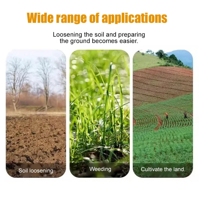 Three panels showing soil loosening, weeding, and cultivating the land for gardening applications.