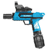Blue electric water blaster toy with a black and silver design and a realistic muzzle flame effect.