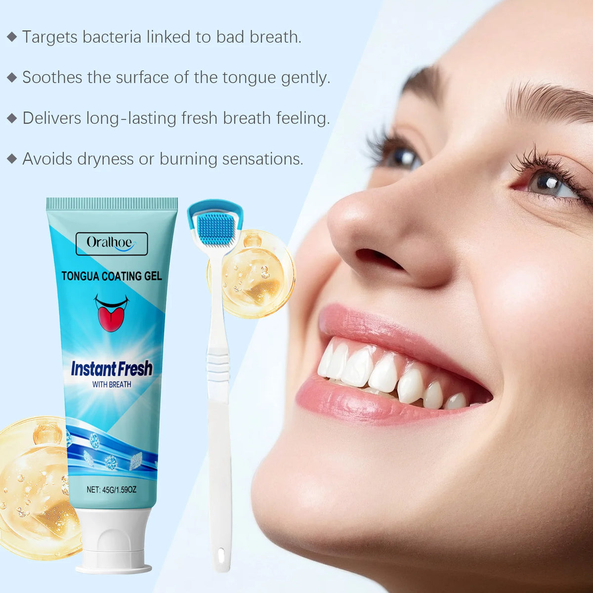 A tube of Oralhoo Instant Fresh with Breath tongue coating gel next to a cleaning brush, shown in a close-up of a woman's fac