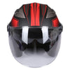 A black and red vintage open-face motorcycle helmet with a clear visor.