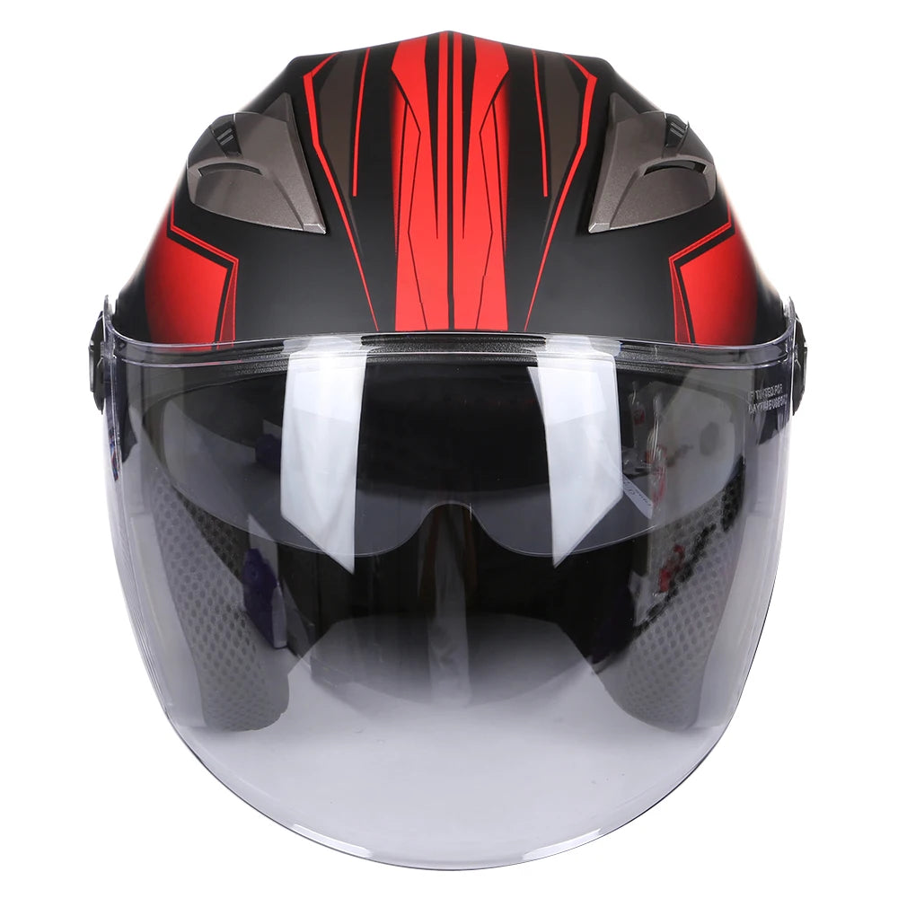 A black and red vintage open-face motorcycle helmet with a clear visor.