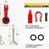 Product detail showing a red D-ring shackle, hitch receiver, and various hardware components for a heavy-duty shackle.