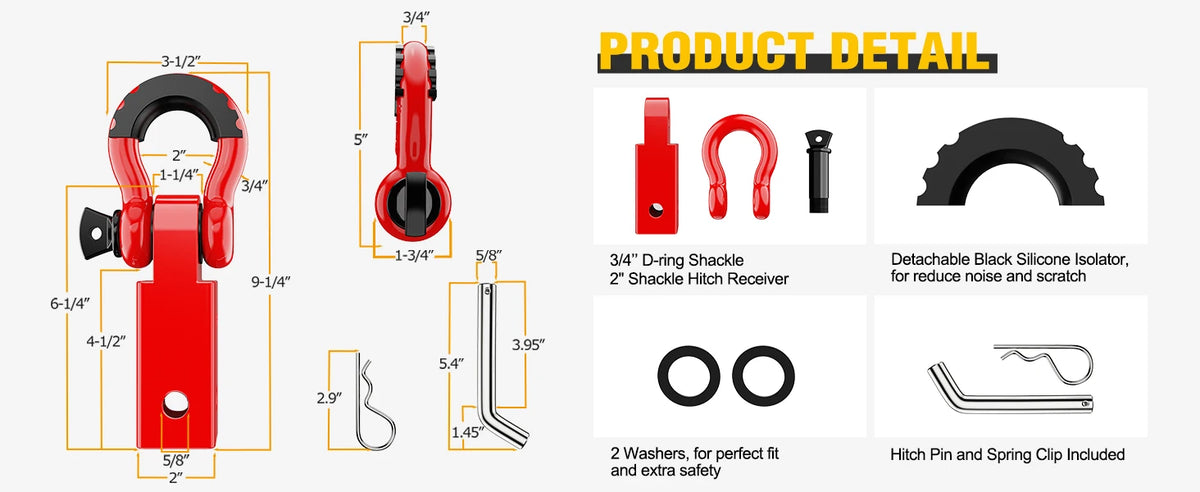 Product detail showing a red D-ring shackle, hitch receiver, and various hardware components for a heavy-duty shackle.