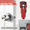 A red door latch mortise tool with a black handle and guide for precise installation.