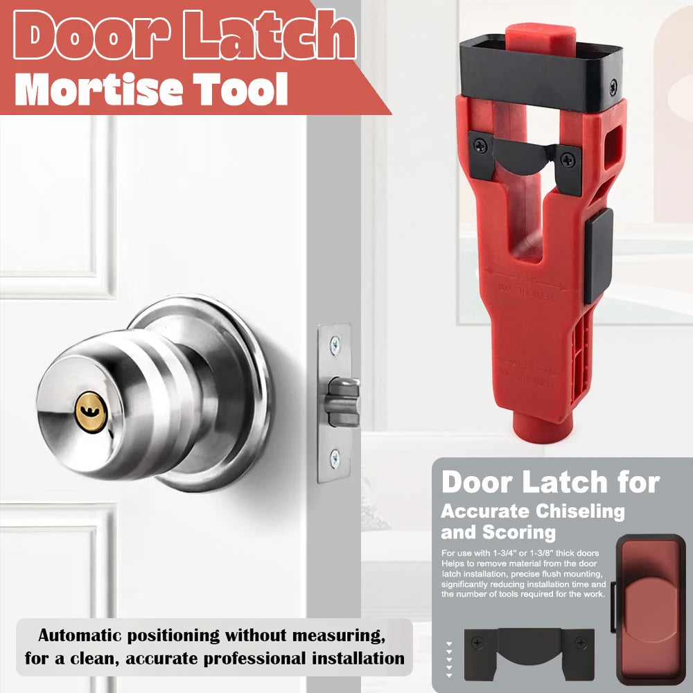 A red door latch mortise tool with a black handle and guide for precise installation.