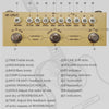 A yellow multi-effects guitar pedal with numerous knobs and switches for sound manipulation.